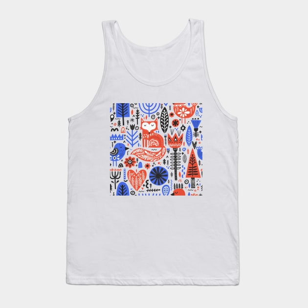 Slavic Folk Pattern with Fox and Bird Tank Top by SybaDesign